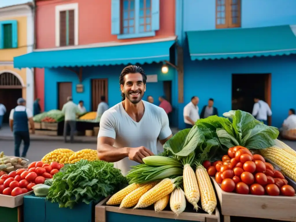 Un mercado uruguayo vibrante con productos locales frescos, en un ambiente comunitario y tradicional