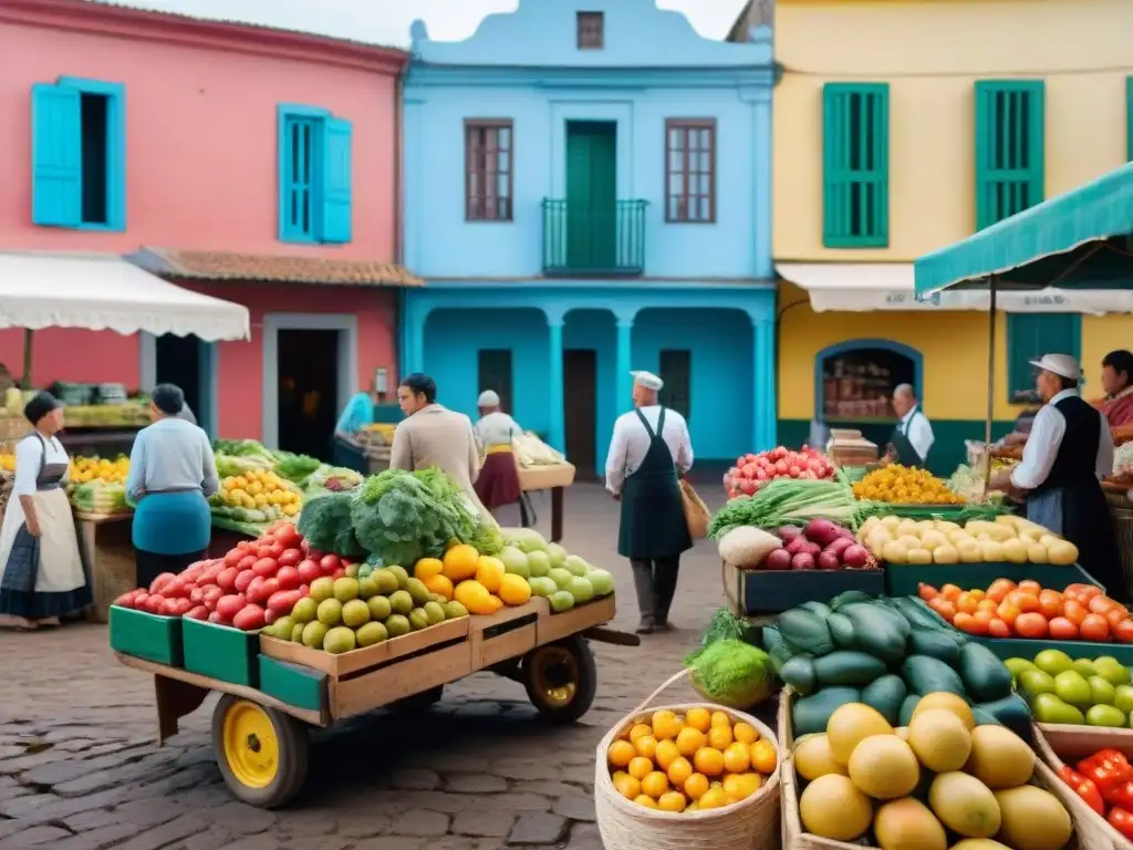 Un mercado uruguayo vibrante con productos frescos y arquitectura colonial colorida, ideal para el turismo gastronómico saludable en Uruguay