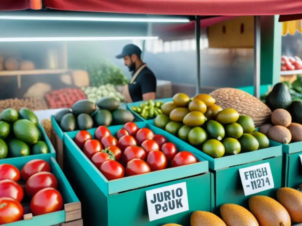 Un mercado uruguayo vibrante con un puesto repleto de ingredientes frescos