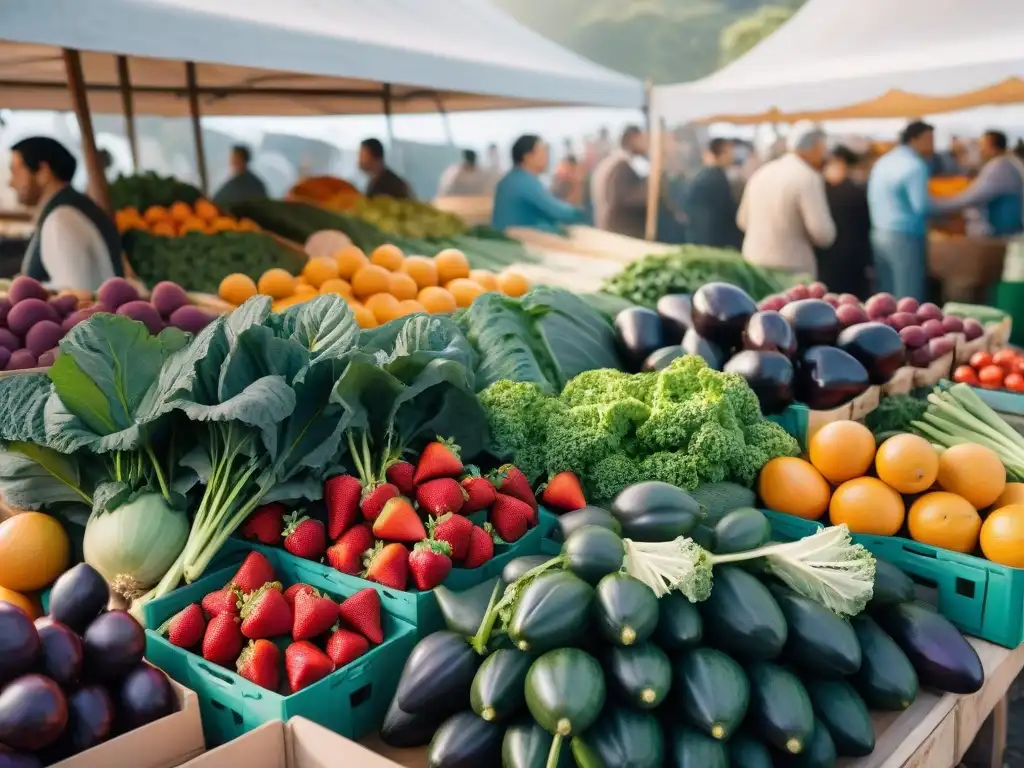 Un mercado vibrante en Uruguay con alimentos antiinflamatorios para bienestar, colores frescos y vitalidad