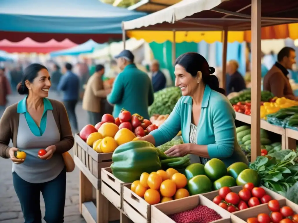 Un mercado vibrante en Uruguay con alimentos antiinflamatorios para bienestar, colores vivos y ambiente comunitario