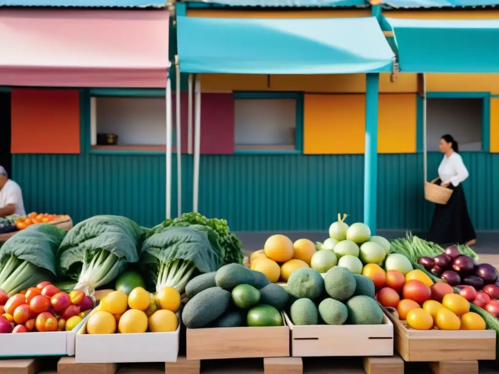 Un mercado vibrante en Uruguay muestra alimentos y arquitectura tradicional