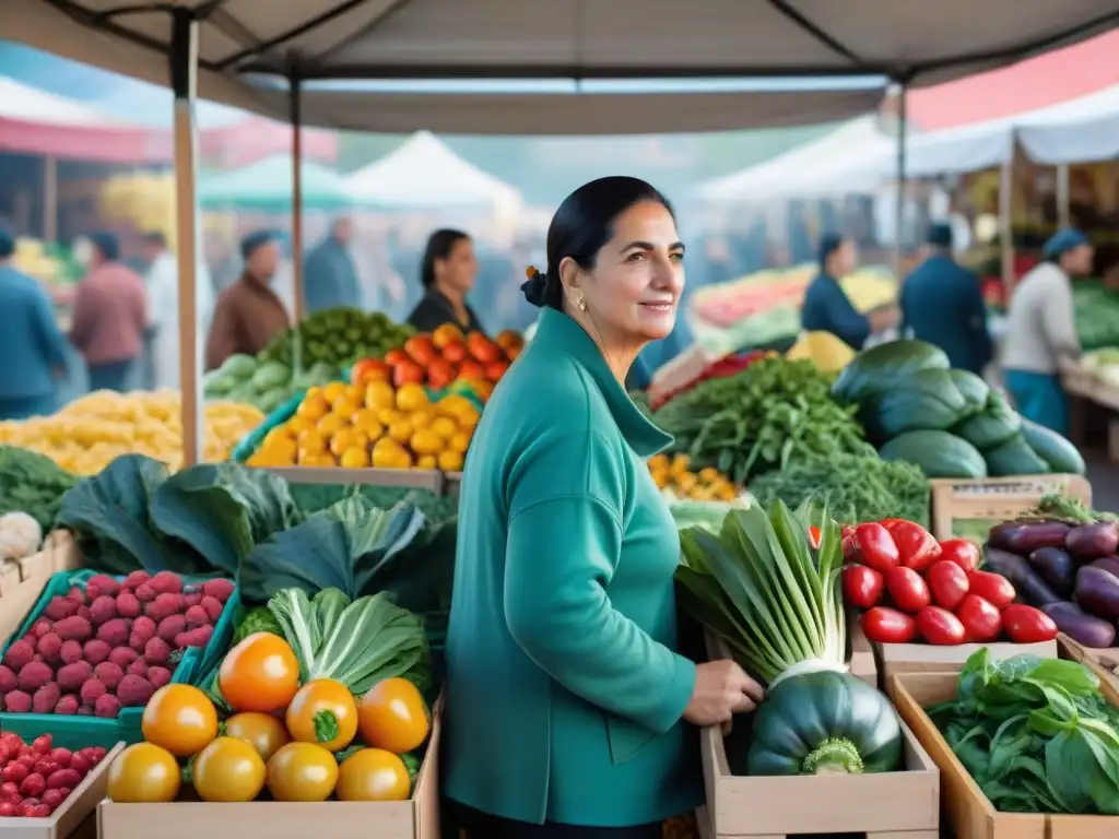 Un mercado vibrante en Uruguay con alimentos para prevenir cáncer, lleno de color y vida