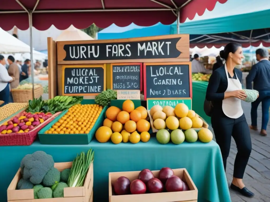 Un mercado vibrante en Uruguay con alimentos coloridos y vendedores ofreciendo alimentos funcionales para bienestar uruguayo