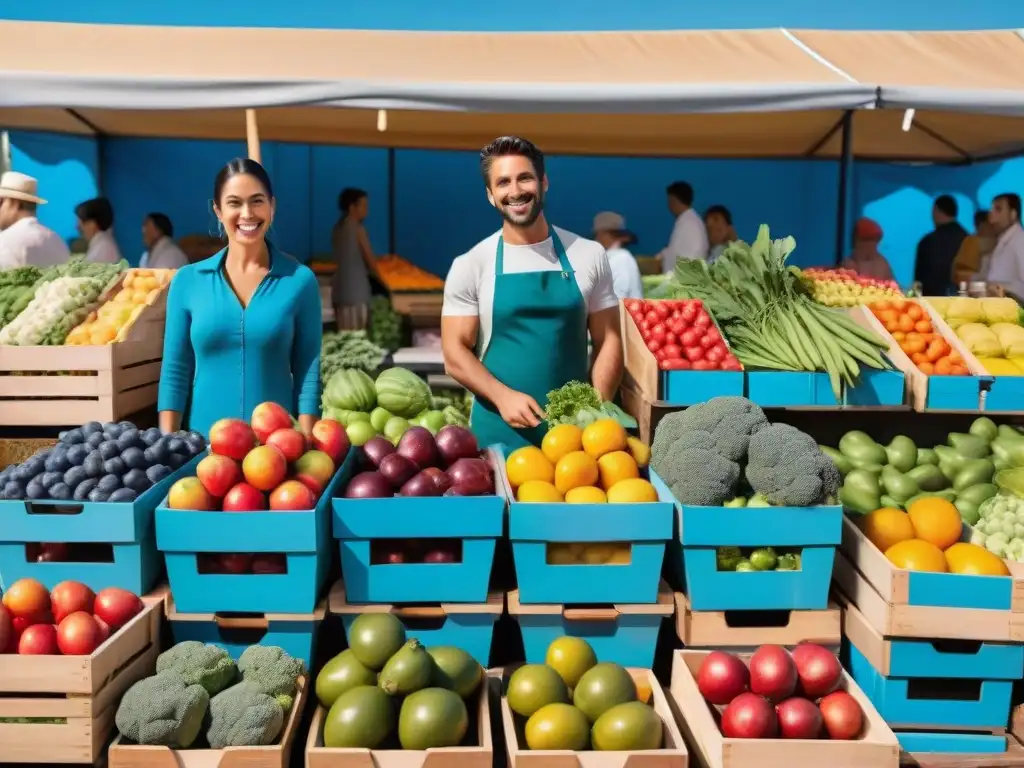 Mercado agrícola vibrante en Uruguay con alimentos frescos y coloridos para mejorar el estado de ánimo de la comunidad