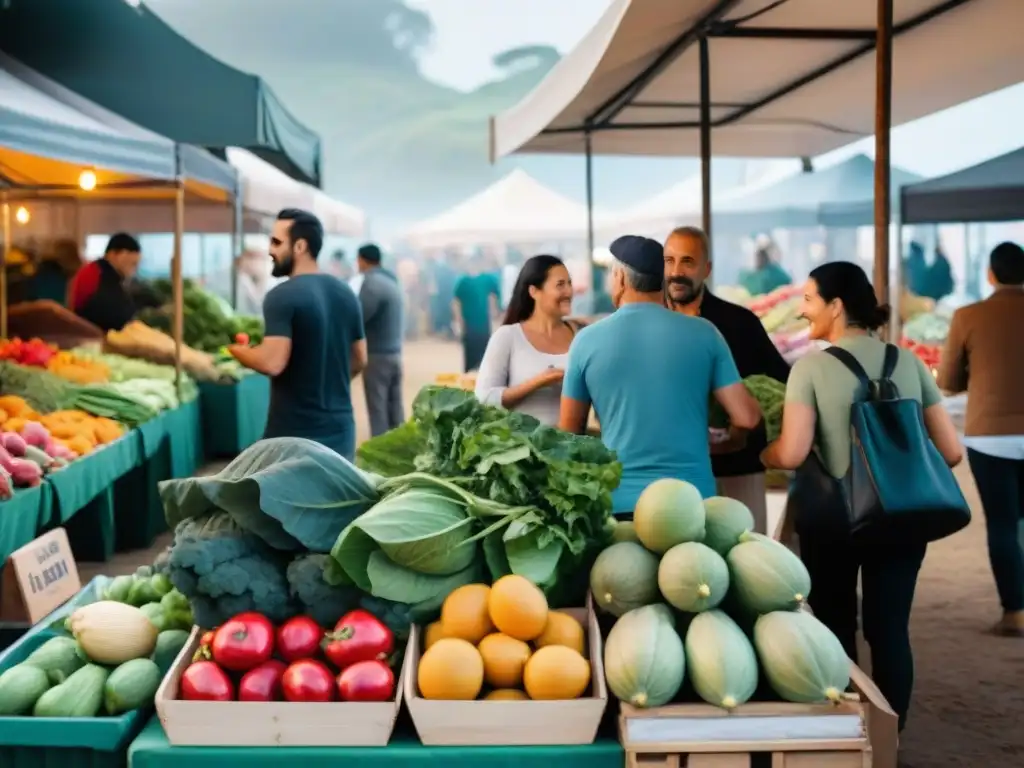 Un mercado vibrante en Uruguay con alimentos frescos y gente sonriente