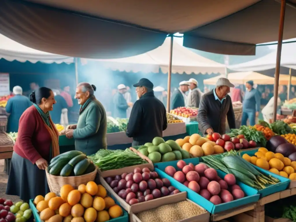 Mercado vibrante en Uruguay con alimentos frescos y vendedores locales, reflejando la Dieta uruguaya saludable después 60