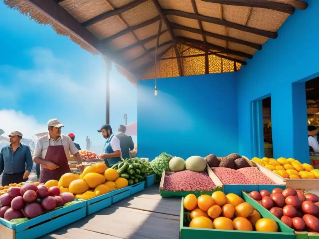 Un mercado vibrante en Uruguay con alimentos frescos y colágeno, bajo un cielo azul