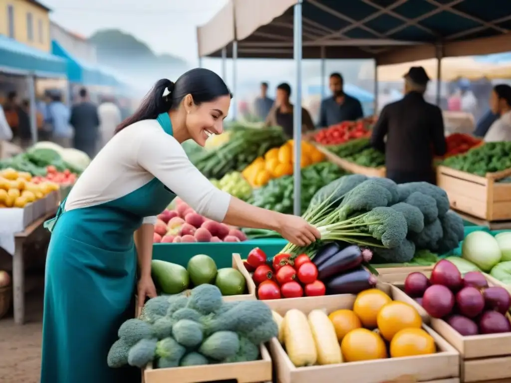 Un mercado vibrante en Uruguay con alimentos frescos locales sostenibles, mostrando la comunidad y la belleza de la alimentación local en Uruguay