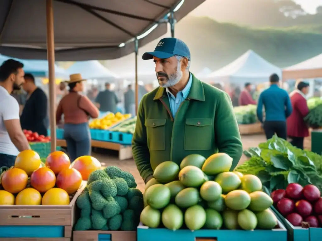 Un mercado vibrante en Uruguay con Alimentos Kilómetro Cero, lleno de colores y actividad comunitaria