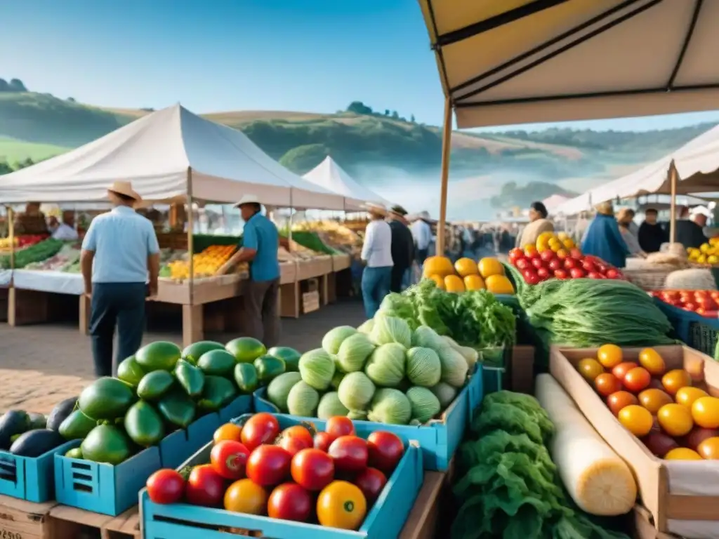 Un mercado vibrante en Uruguay con una amplia variedad de alimentos frescos locales, creando una atmósfera sostenible y colorida