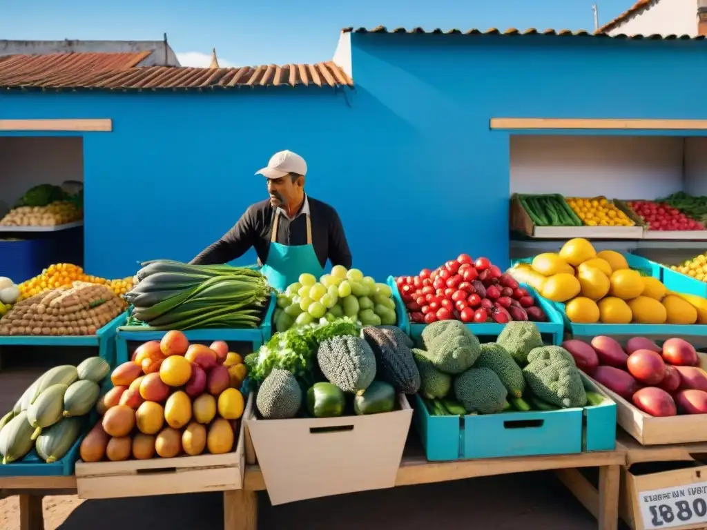 Un mercado agrícola uruguayo vibrante y bullicioso, resaltando frutas y verduras frescas