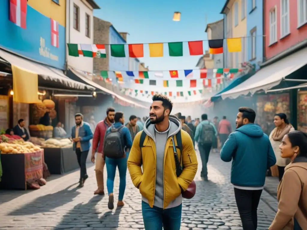 Un mercado vibrante en una calle bulliciosa, donde migrantes de diversas culturas intercambian productos y conversaciones amigables