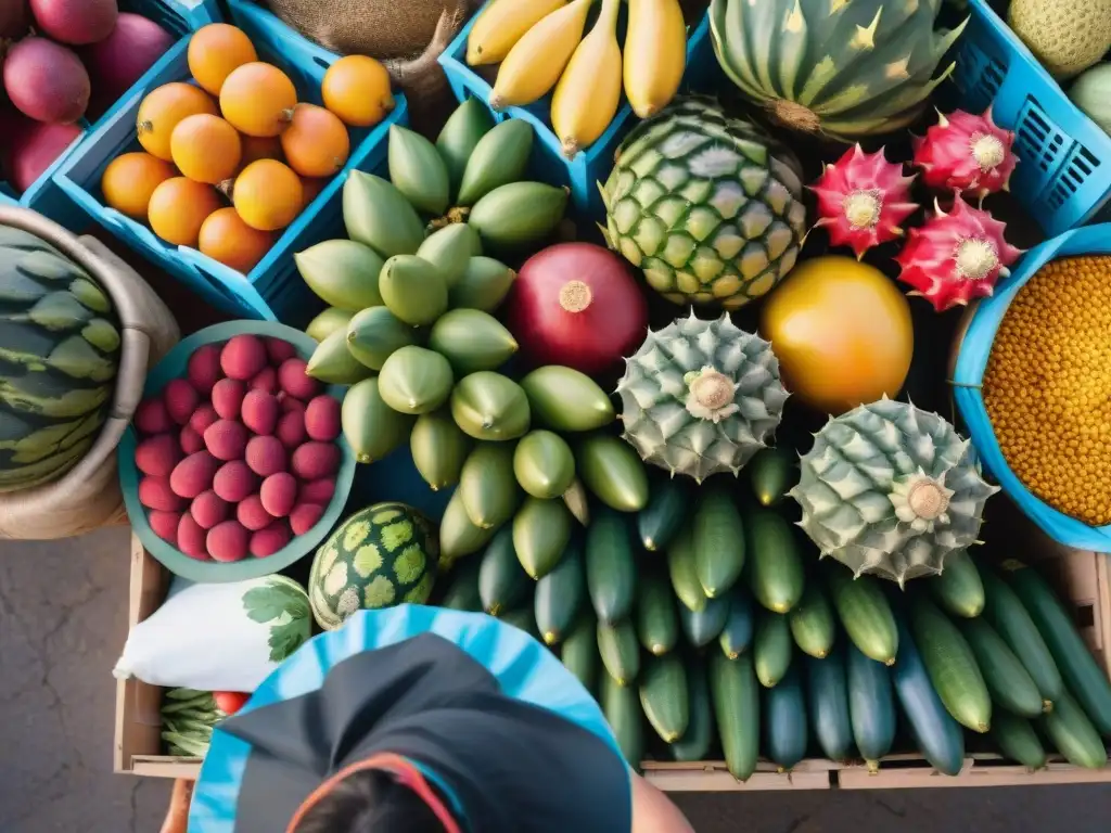 Un mercado agrícola vibrante y colorido en Uruguay, con frutas y verduras frescas