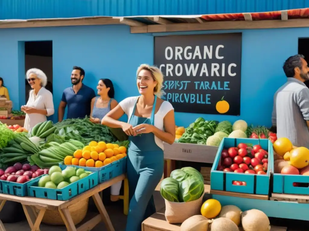 Un mercado agrícola vibrante y concurrido en Montevideo, Uruguay, donde se promueve el consumo responsable en Uruguay