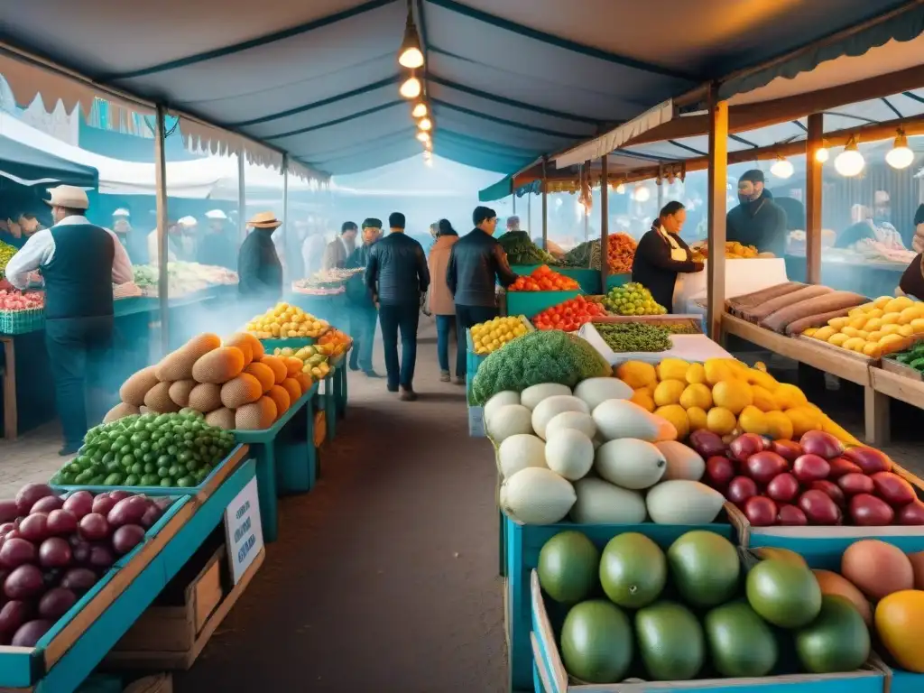 Un mercado vibrante en Uruguay muestra la dieta uruguaya para prevenir enfermedades con sus coloridas frutas, verduras y delicias locales