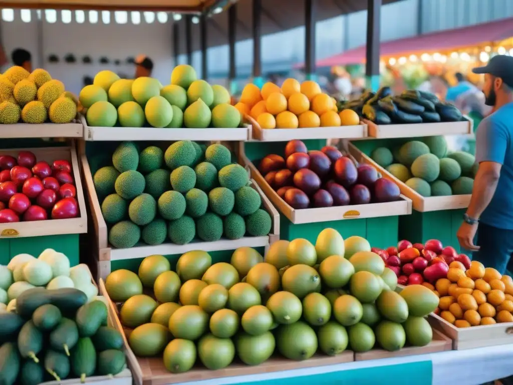 Un mercado vibrante en Montevideo, Uruguay, muestra exóticas frutas y verduras coloridas