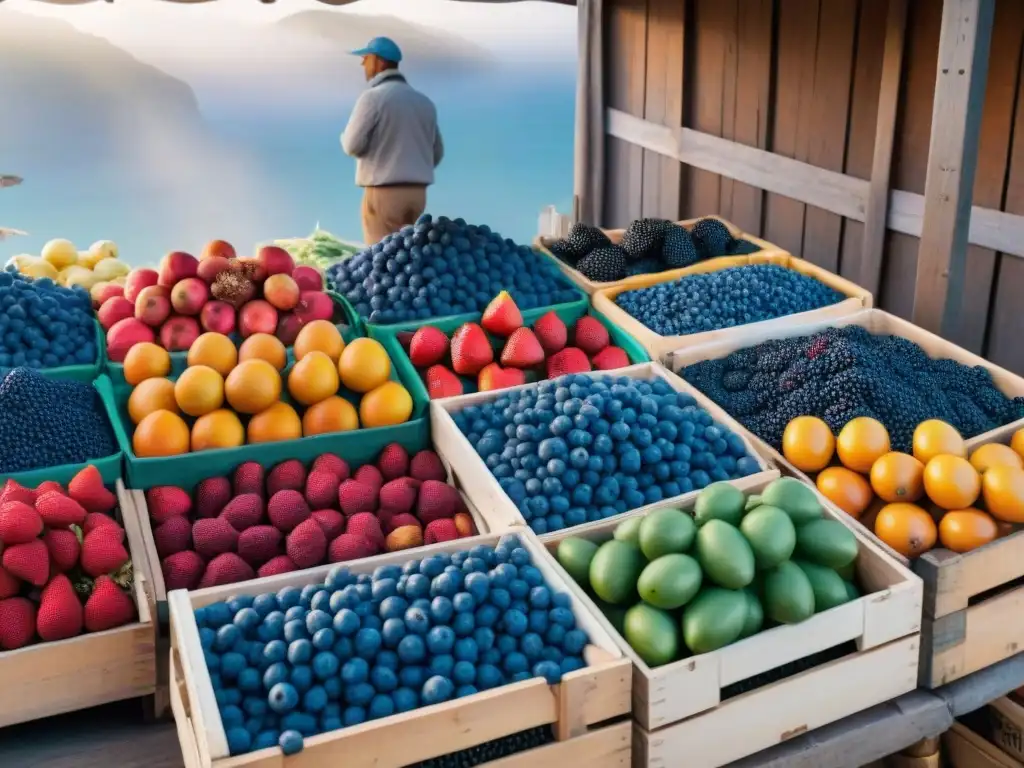 Un mercado vibrante en Montevideo con frutas antioxidantes como arándanos, fresas y granadas en cajas de madera rústica