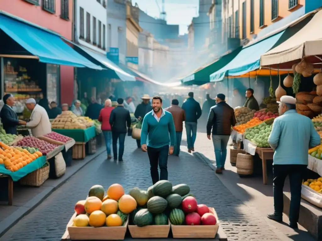 Mercado vibrante en Montevideo, Uruguay, con frutas frescas y yerba mate