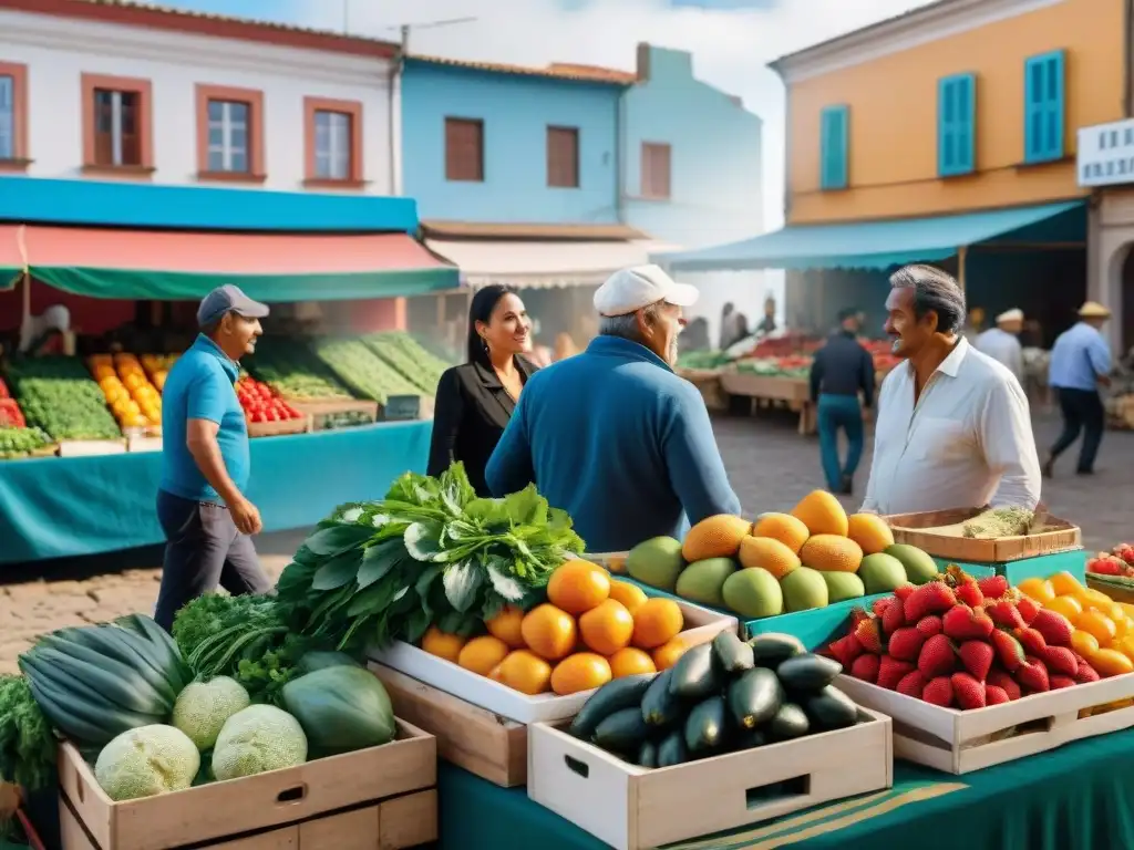 Mercado agrícola vibrante en Uruguay con frutas frescas y verduras coloridas