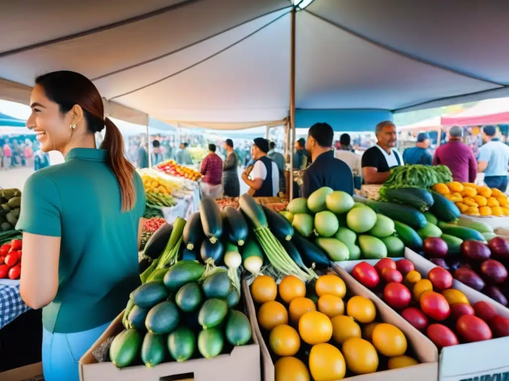 Mercado vibrante en Uruguay con frutas frescas, verduras coloridas y vendedores sonrientes