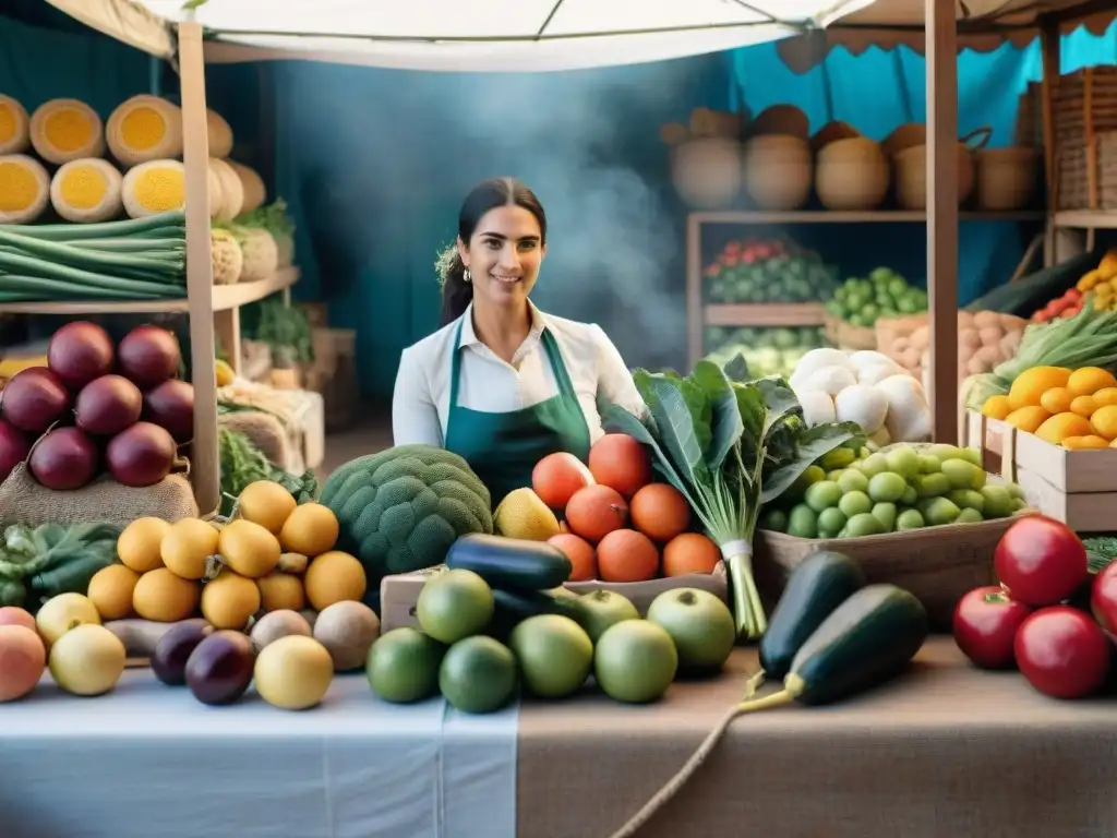 Un mercado vibrante en Uruguay, muestra frutas y verduras frescas