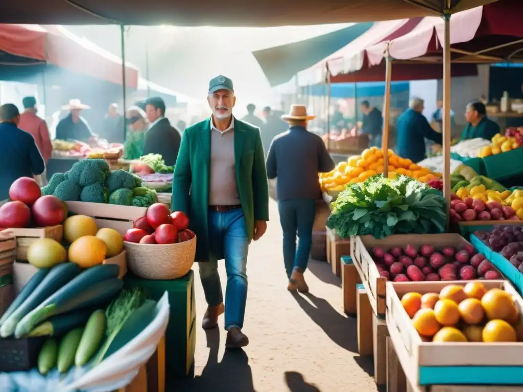 Un mercado vibrante en Uruguay con frutas y verduras frescas, colores brillantes y ambiente comunitario y de bienestar