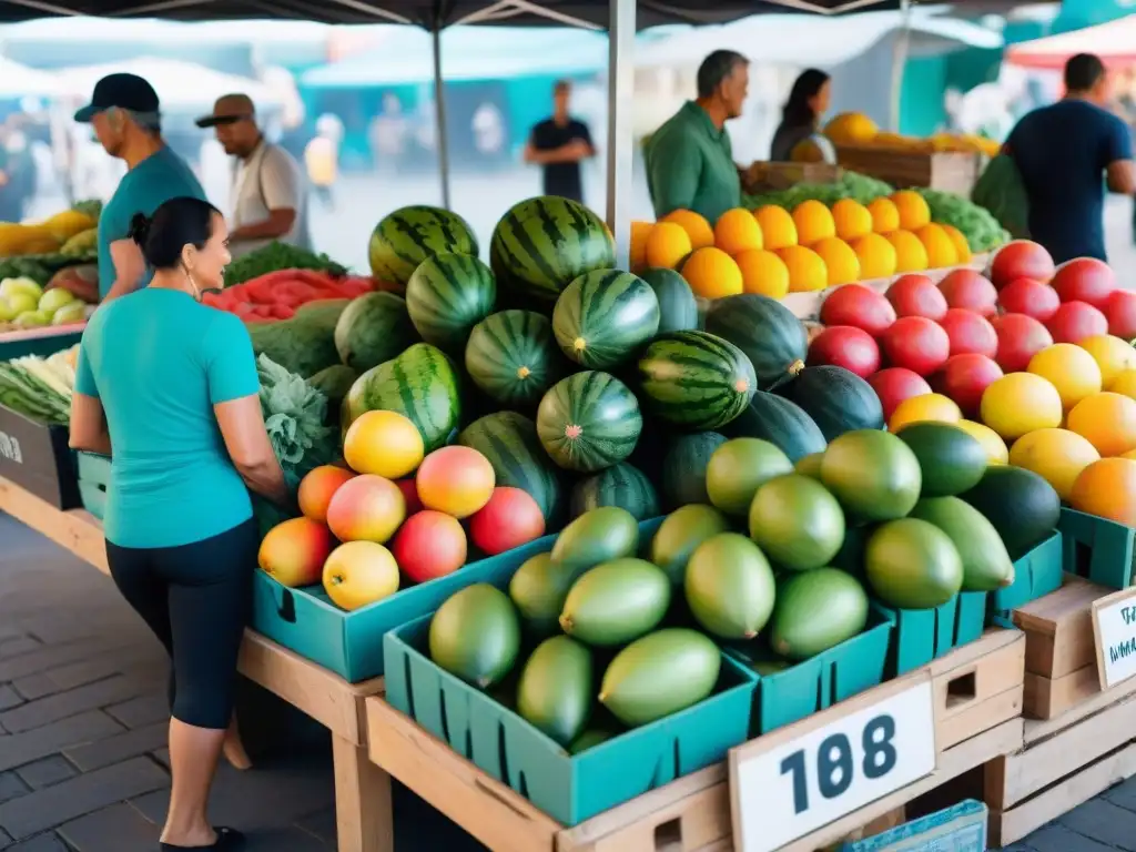 Un mercado vibrante en Montevideo con frutas y verduras frescas, transmitiendo vitalidad y bienestar en Uruguay