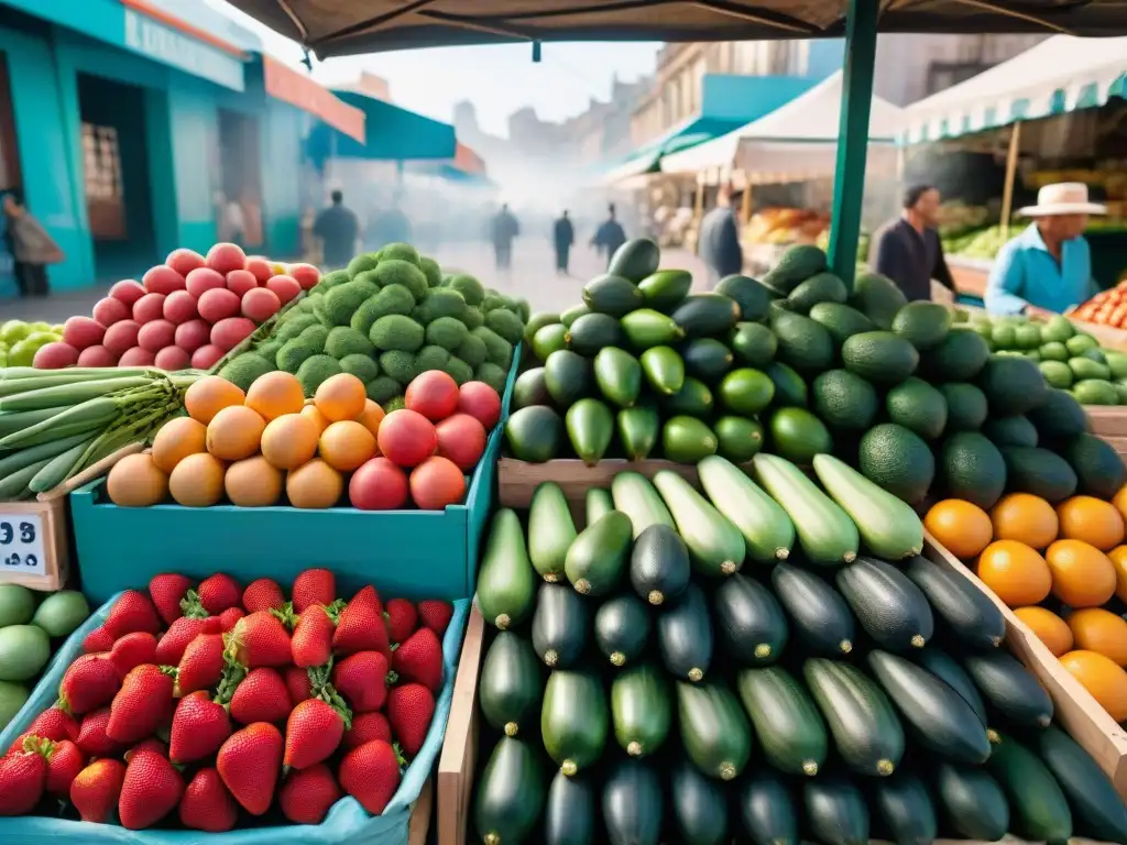 Un mercado vibrante en Montevideo con frutas y verduras coloridas que promueven la piel saludable en Uruguay, mostrando frescura y comunidad