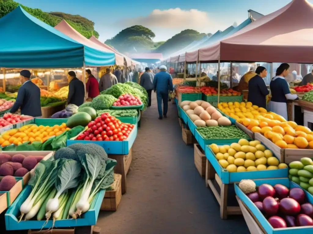 Un mercado vibrante en Uruguay con frutas y verduras coloridas, agricultores locales y un ambiente saludable