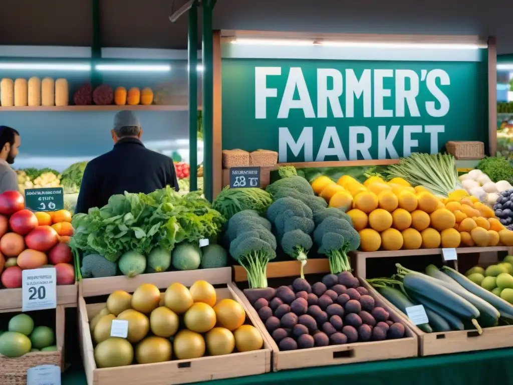 Un mercado vibrante en Uruguay muestra frutas y verduras coloridas, con letreros de 'Nutrición para prevenir enfermedades crónicas'