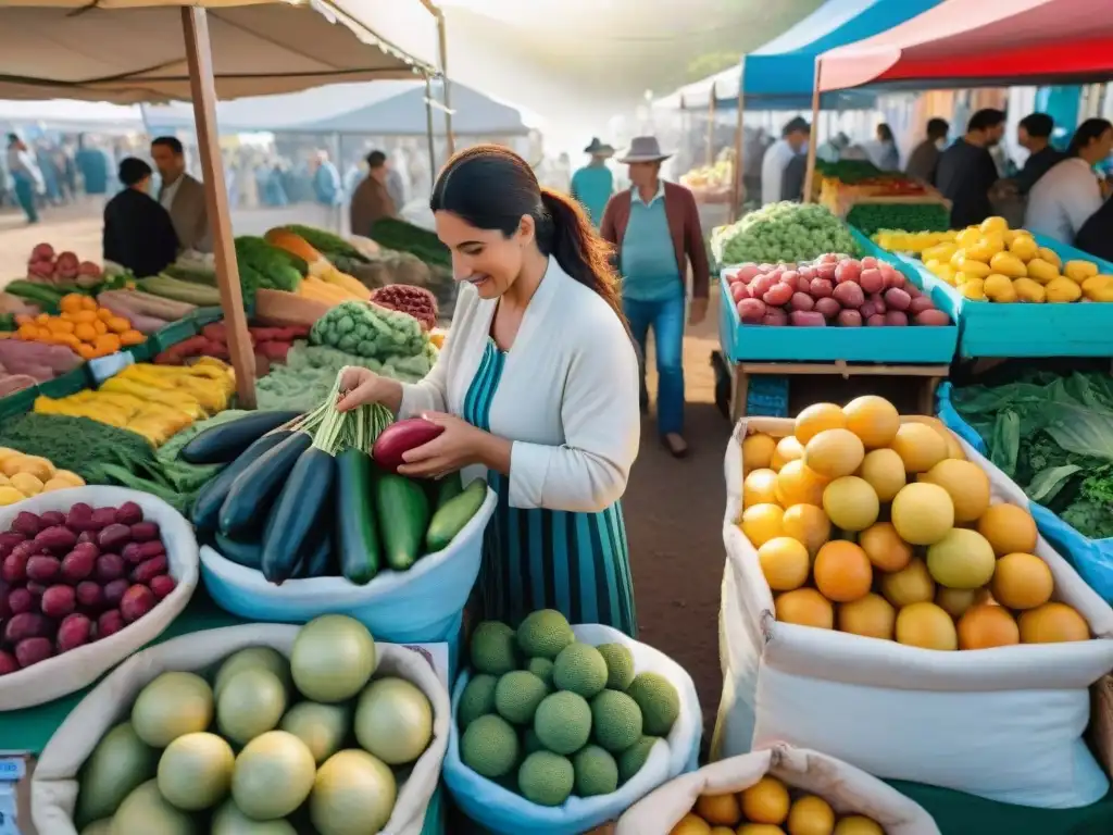 Un mercado vibrante en Uruguay con frutas y verduras coloridas