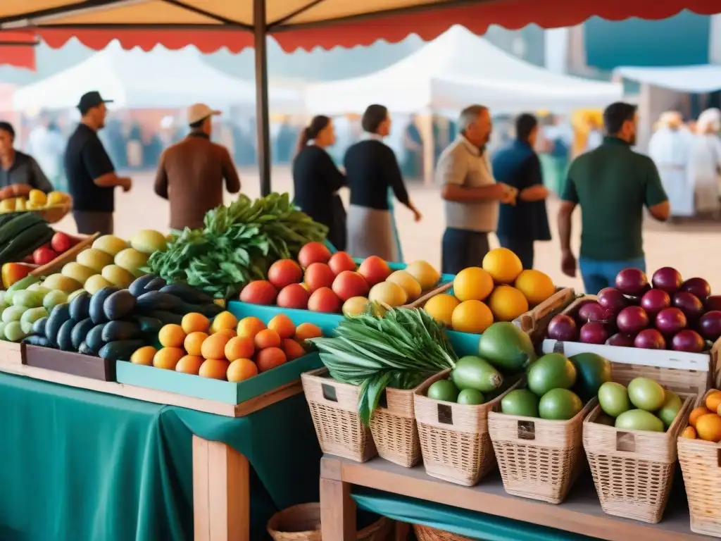 Un mercado vibrante en Uruguay, mostrando frutas, verduras y productos locales