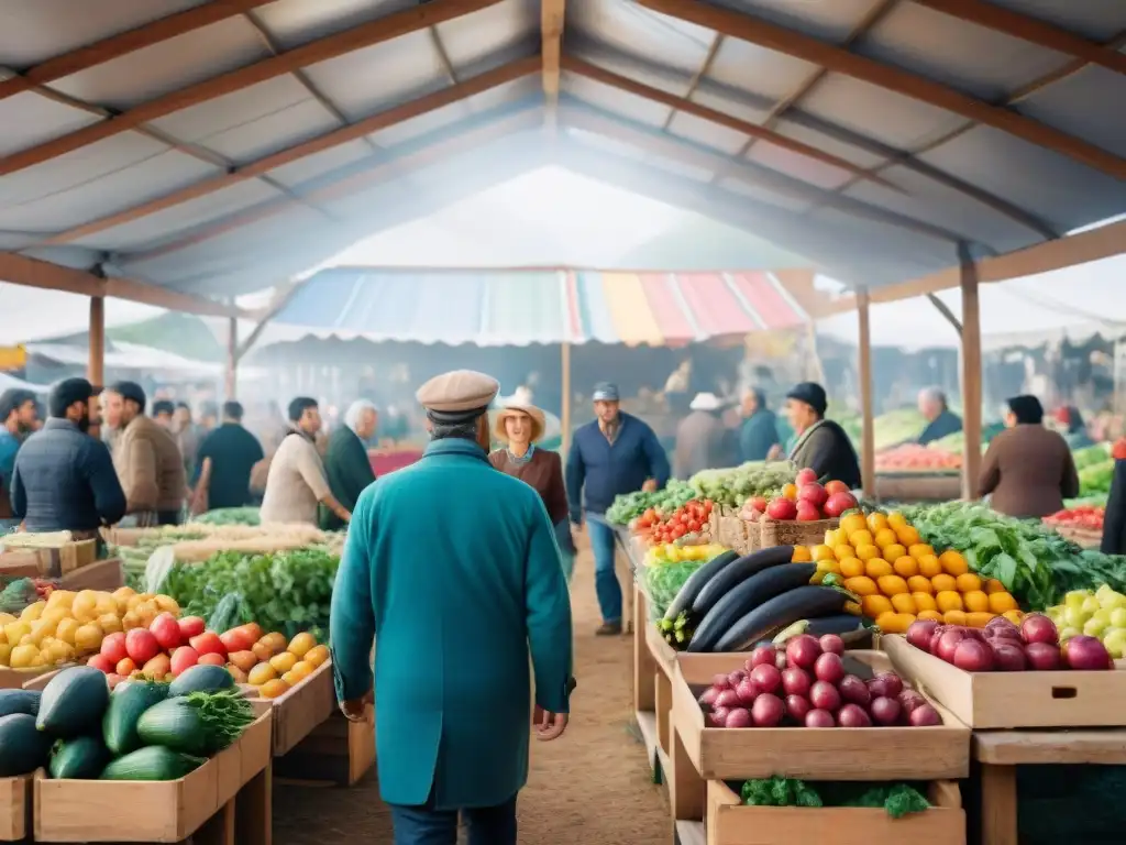 Un mercado agrícola vibrante en Uruguay con frutas y verduras coloridas, agricultores locales y consumidores sonrientes