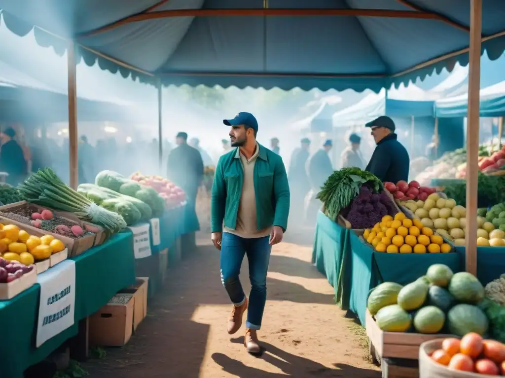 Un mercado vibrante en Uruguay con frutas y verduras frescas, personas diversas y prácticas de alimentación consciente