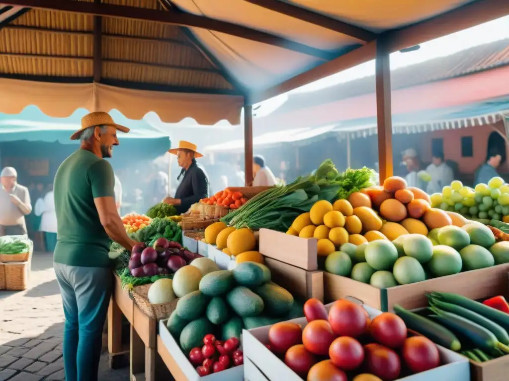 Mercado vibrante en Uruguay con frutas y verduras frescas