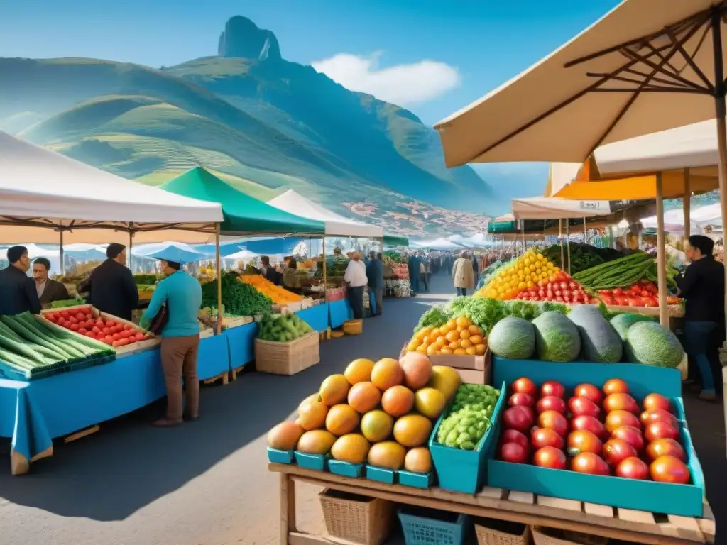 Mercado vibrante en Uruguay con frutas y verduras frescas, vendedores locales y clientes, bajo un cielo azul claro