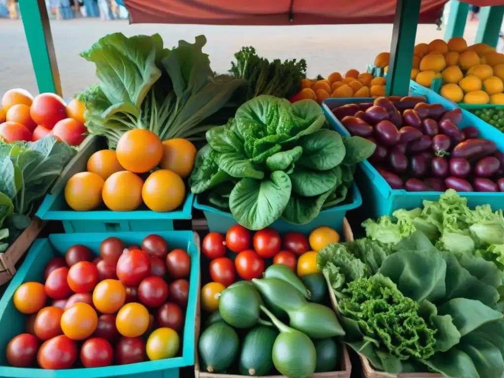 Un mercado vibrante en Uruguay con frutas y verduras de estación, colores frescos y luz cálida