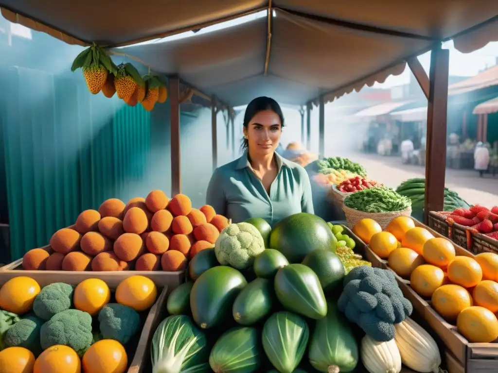 Un mercado vibrante en Uruguay con frutas y verduras coloridas, promoviendo la desintoxicación natural con alimentos uruguayos