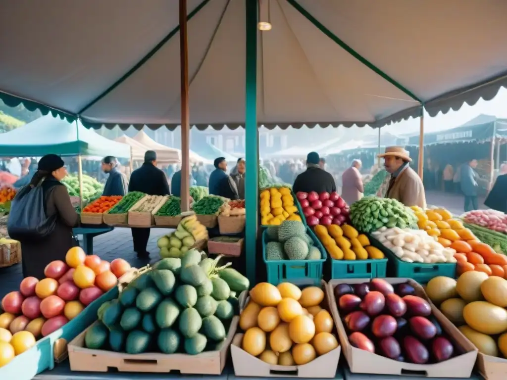 Mercado vibrante en Uruguay con frutas y verduras frescas, gente diversa y arquitectura local