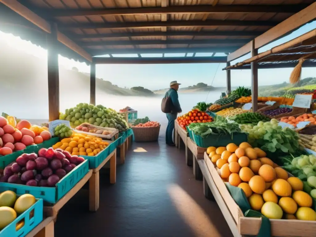 Un mercado vibrante en Uruguay con frutas y verduras coloridas, clientes de diversas edades y trasfondos, y una atmósfera inclusiva