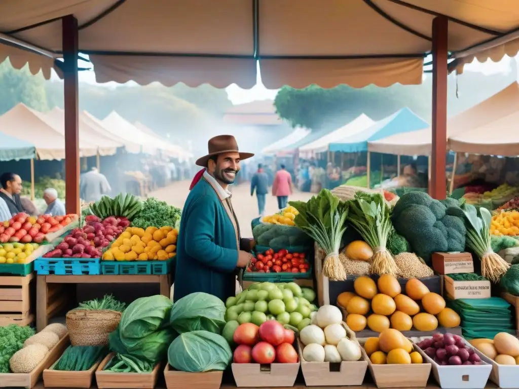 Mercado vibrante en Uruguay con frutas y verduras coloridas, locales felices