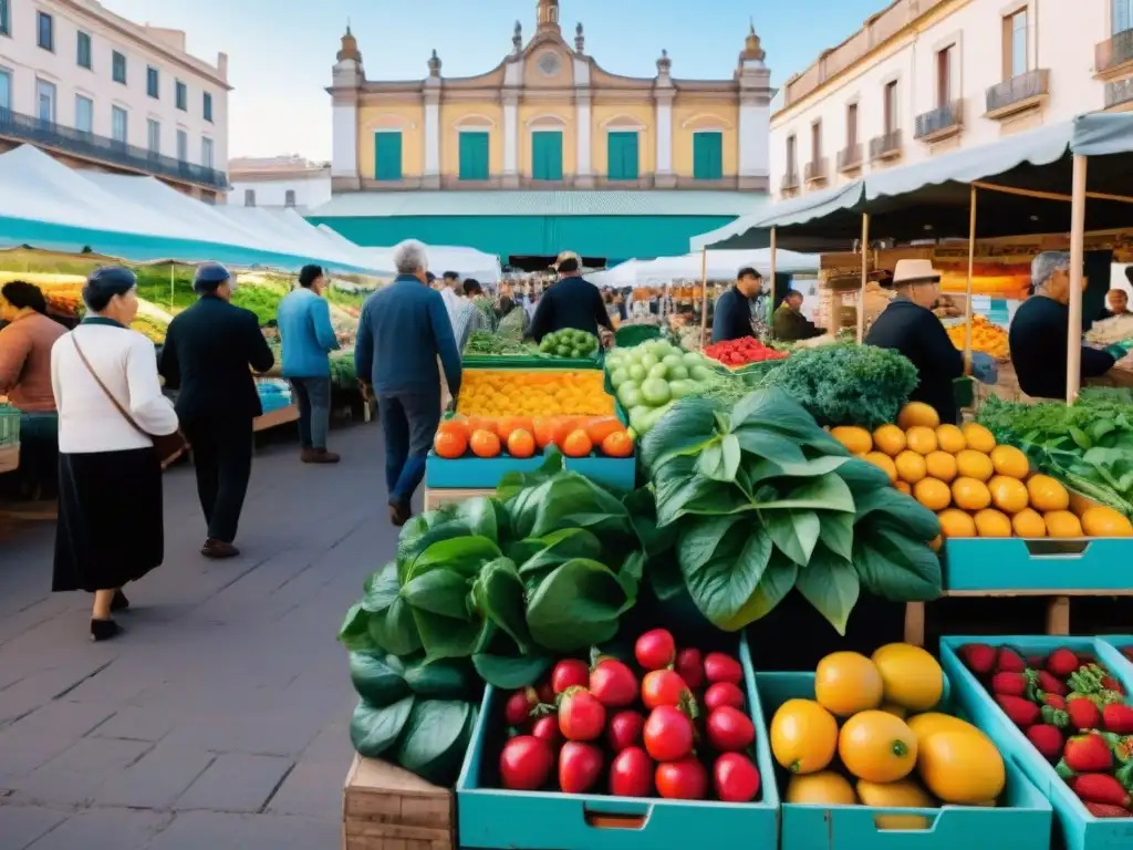 Mercado vibrante en Montevideo, Uruguay, con frutas y verduras coloridas