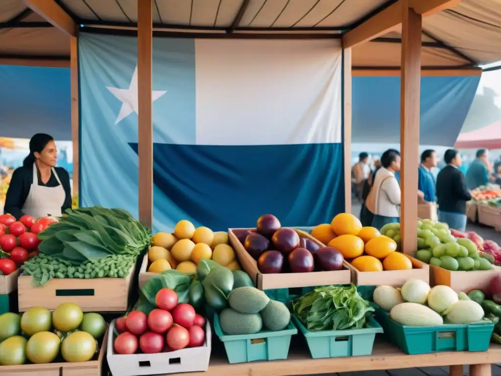 Un mercado vibrante en Uruguay: frutas y verduras frescas en stands de madera bajo el sol