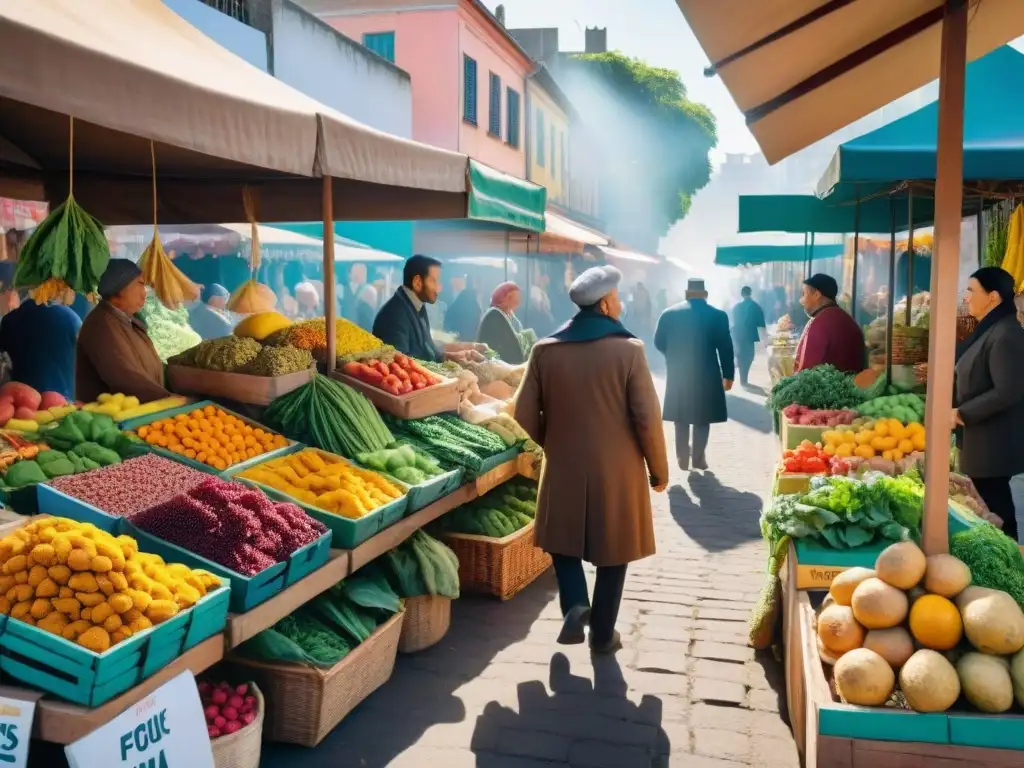 Un mercado vibrante en Uruguay lleno de alimentos antiinflamatorios coloridos, reflejando bienestar y comunidad