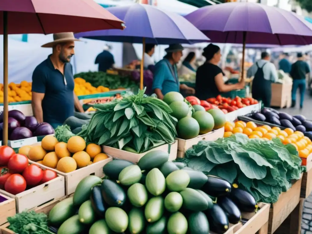 Un mercado vibrante en Montevideo, Uruguay, lleno de frutas y verduras frescas, reflejando la gestión del estrés en Uruguay