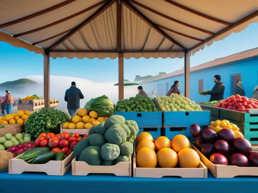 Un mercado vibrante en Uruguay lleno de frutas y verduras frescas, reflejando la diversidad y abundancia de opciones vegetarianas