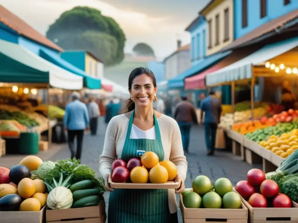 Un mercado vibrante en Uruguay, lleno de frutas, verduras y productos locales