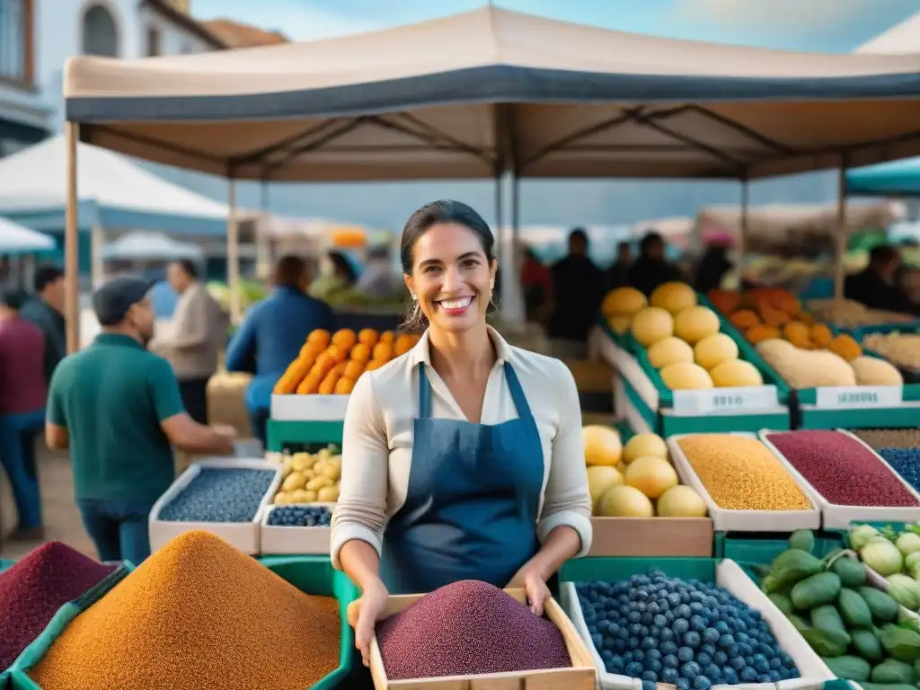 Un mercado vibrante en Uruguay lleno de superalimentos locales como quinoa, semillas de chía y amaranto