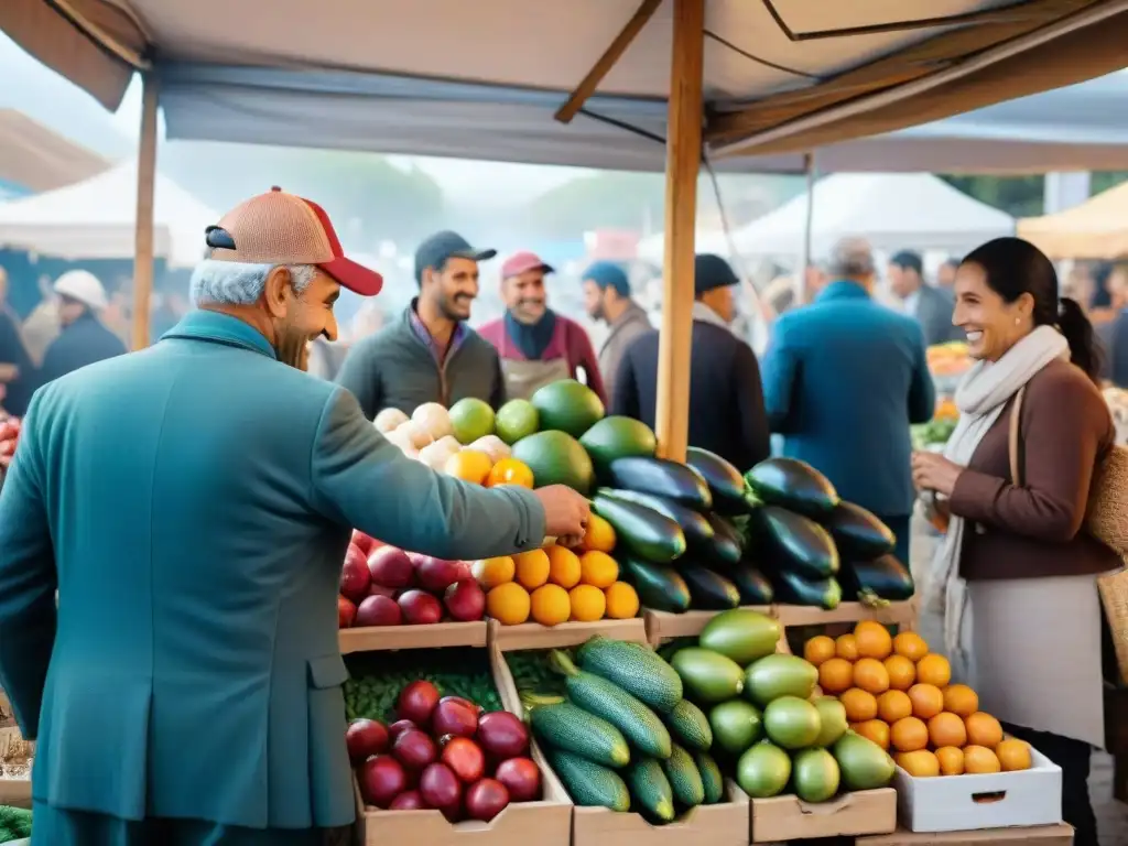 Mercado vibrante en Uruguay con gastronomía local uruguaya, fomentando desarrollo comunitario